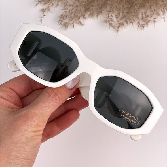 Versace VE4361 401/87 Sunglasses White Gold Logo Grey Oval Unisex